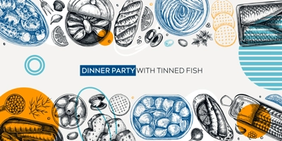 Collage-style canned fish banner design. Seafood background with hand drawn sardines, anchovy, mackerel, tuna, mussels in tin cans, fish canapes, olives, crackers and lemons sketches. 